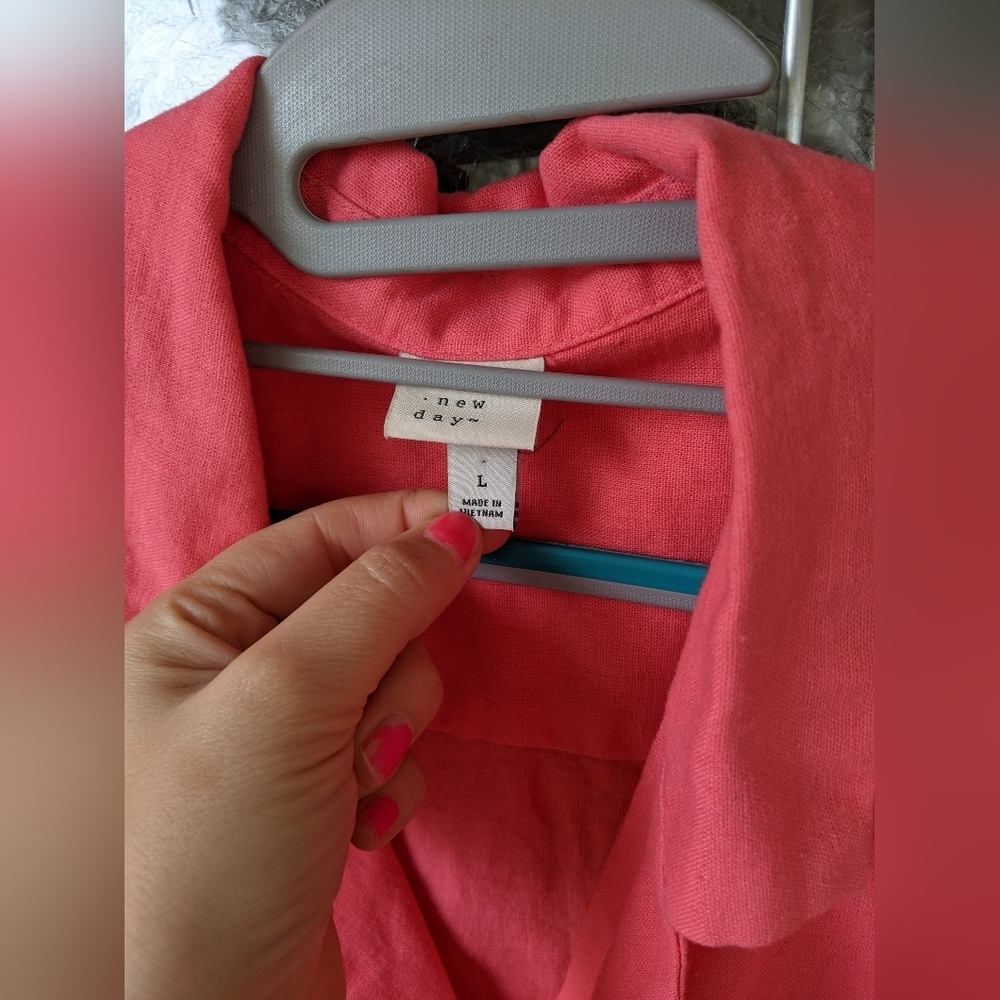 A New Day Linen Short Sleeve Button-Down Boxy Camp Shirt Women's Large Pink - Picture 6 of 11